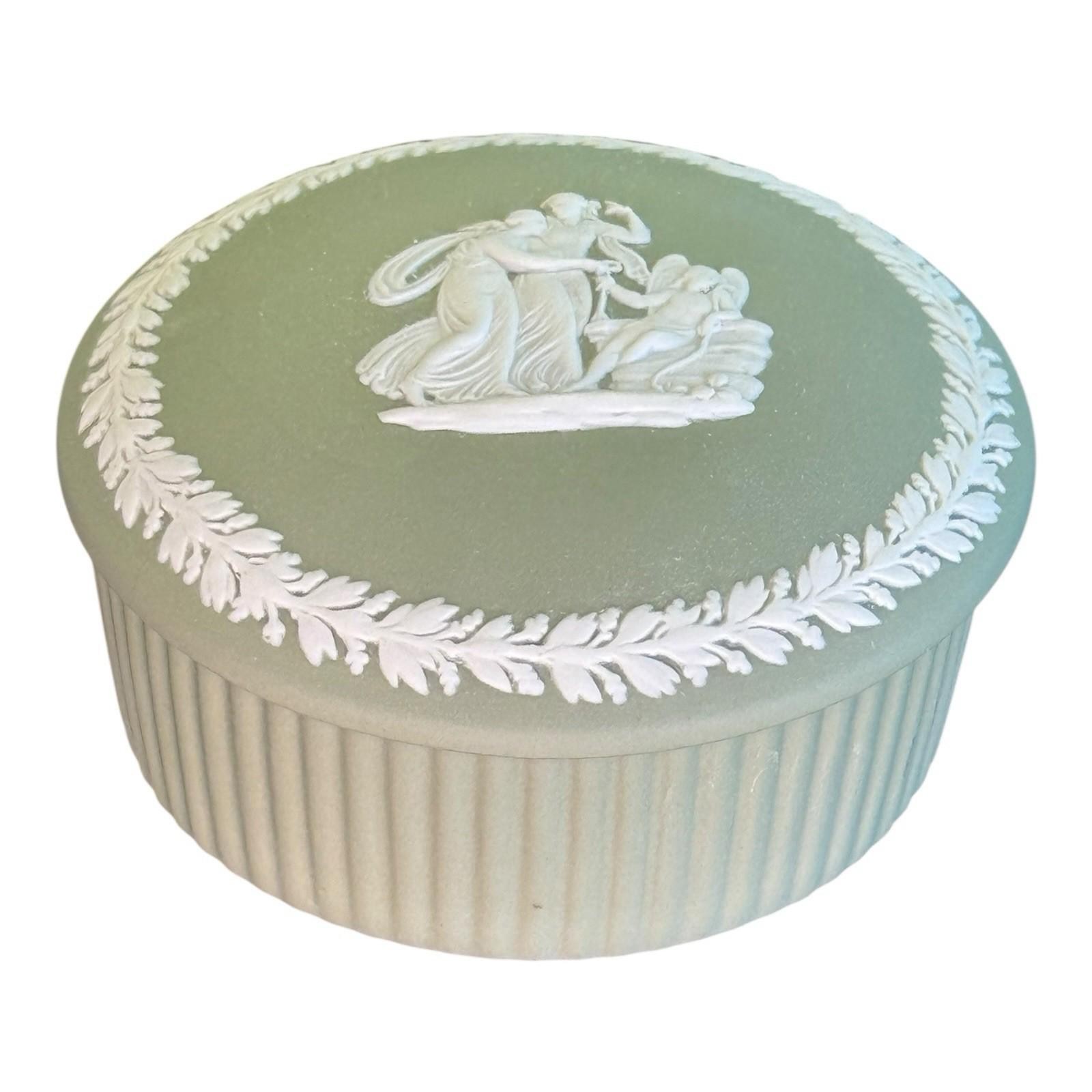 Wedgwood Sage Green Jasperware “Cupid Asleep” Fluted Round Box w/ Lid