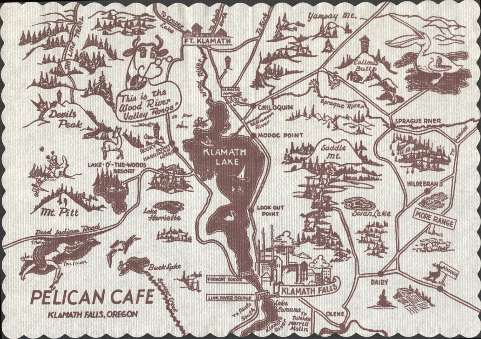 1960s KLAMATH FALLS, OREGON vintage paper placemat and map PELICAN CAFE