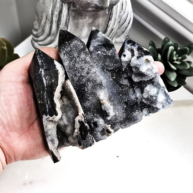 Natural Black Sphalerite Druzy Geode Healing Crystal Tower Point Obelisk Quart