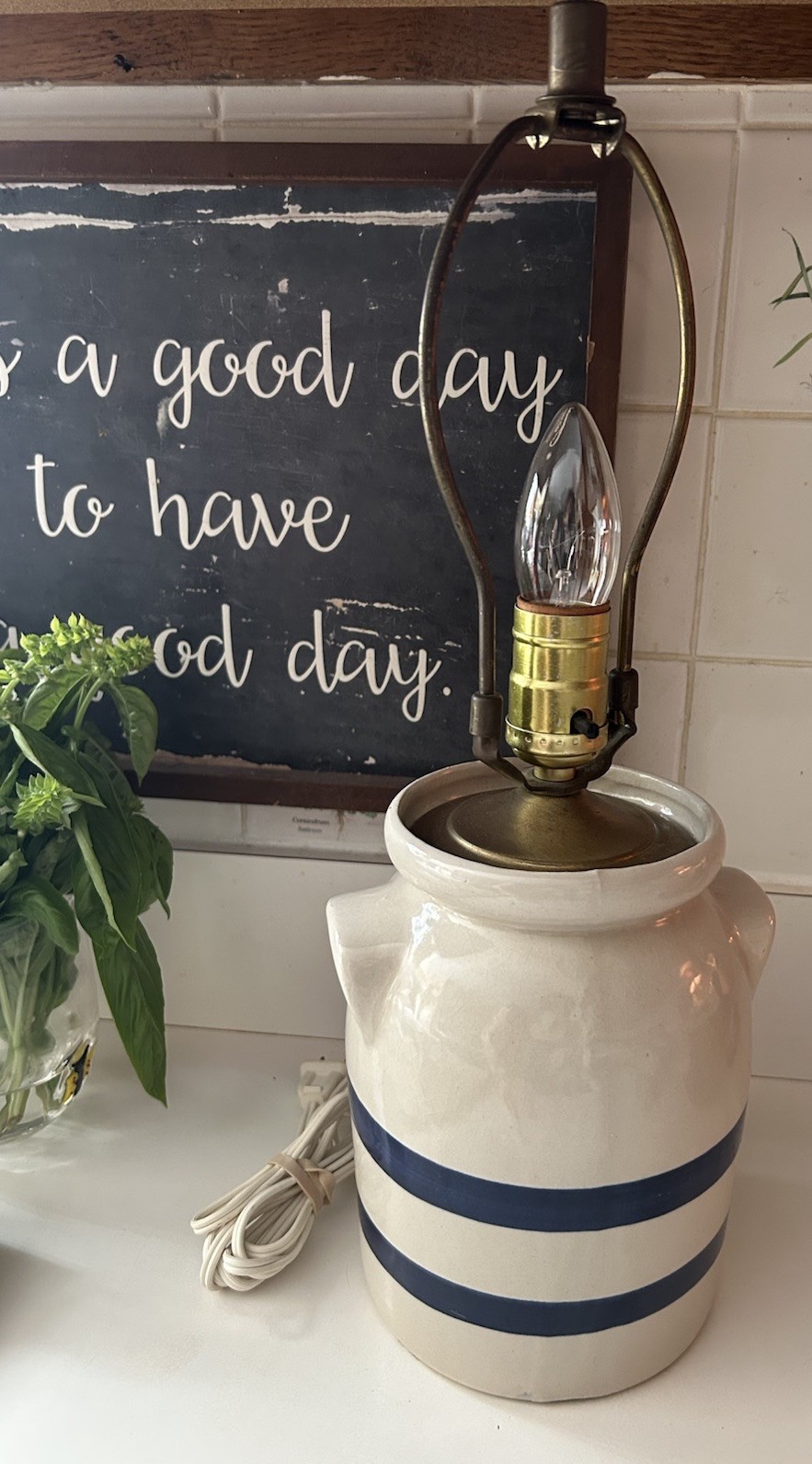 RRP  2 Quart Blue Stripe Canister/Crock Lamp Farmhouse Kitchen Primitive
