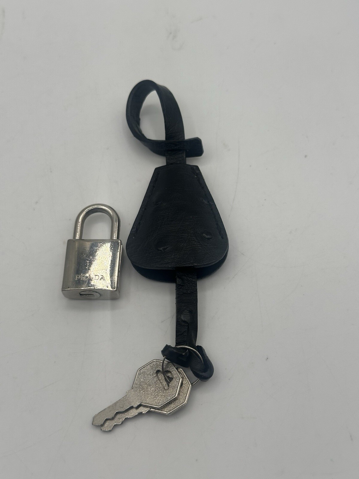 Prada Lock & Key Padlock Keylock Set Charm Silver Color & Black Ostrich Leather