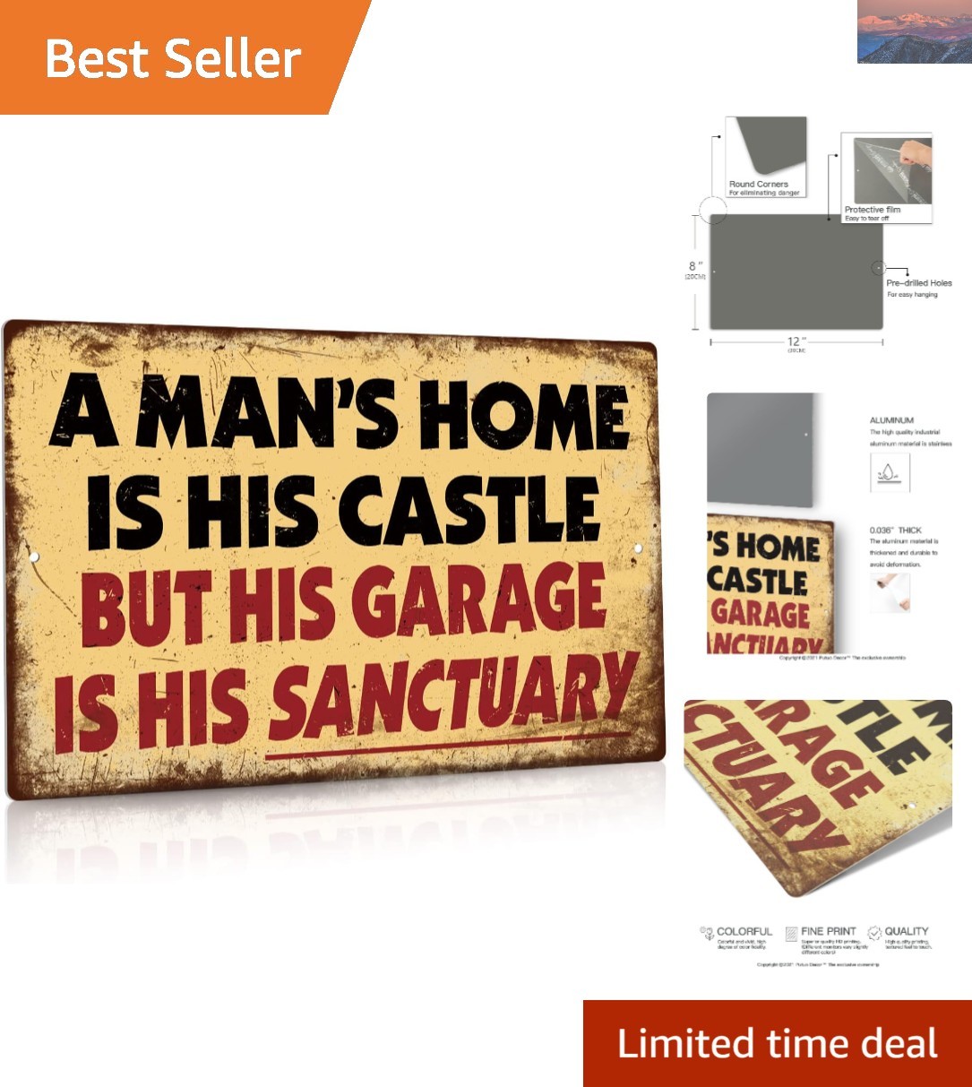 Vintage Metal Sign - A Man\'s Home Is His Castle but Garage Is His Sanctuary 12x8
