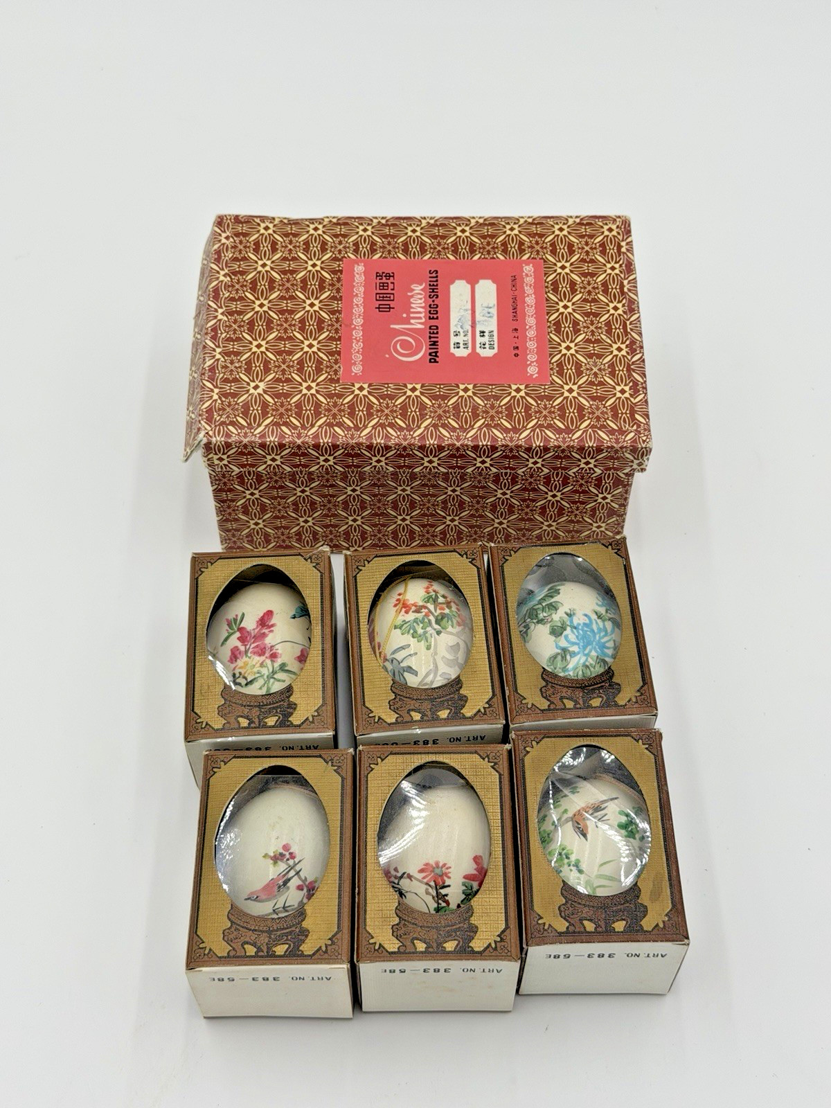 LOT OF 6 VINTAGE MINESE HAND PAINTED DECORATIVE EGGS ORIGINAL BOX COMPLETE