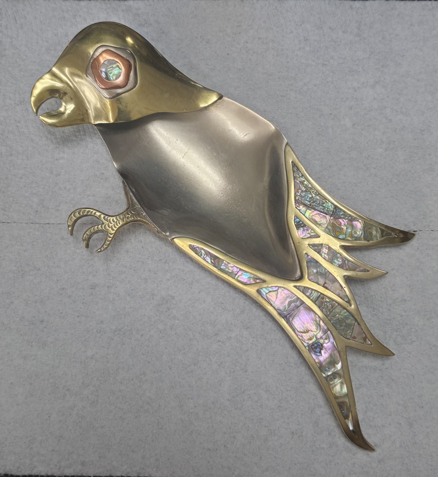 Vintage Mexico Hand Wrought Mixed Metal Mother Of Pearl Bird  Dish 12