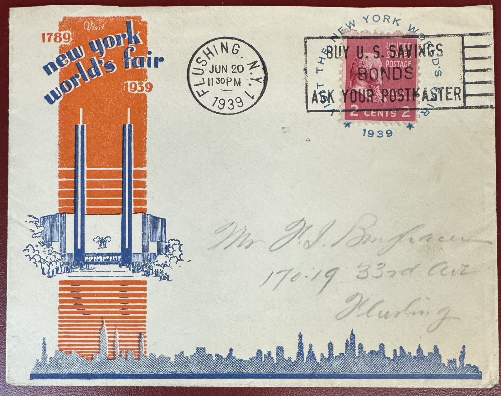 1939 New York World\'s Fair Cover on Orange and Blue Fair Souvenir Envelope