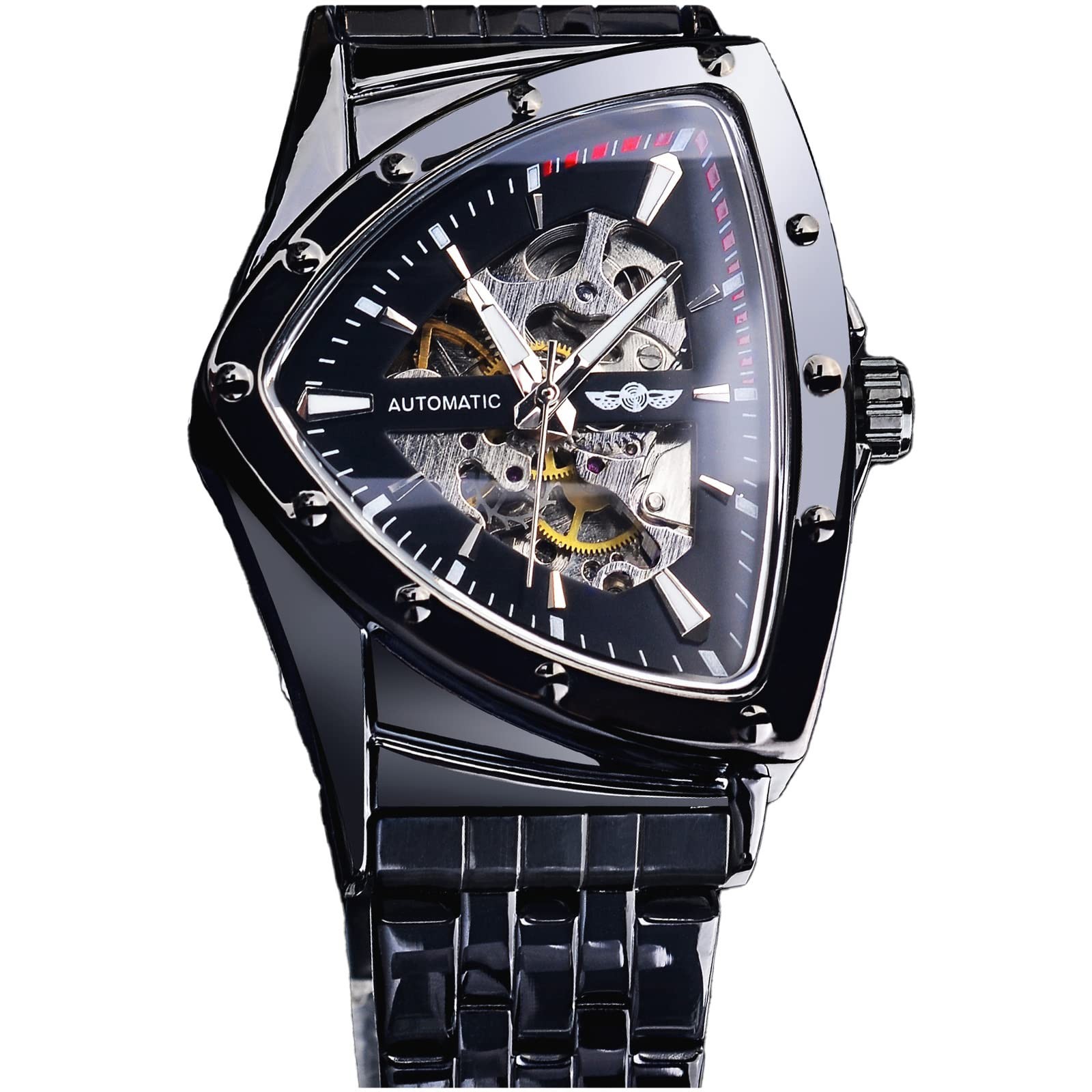 FORSINING Triangle Skeleton Men\'s Automatic Mechanical Watch Luxury Gold Blac...
