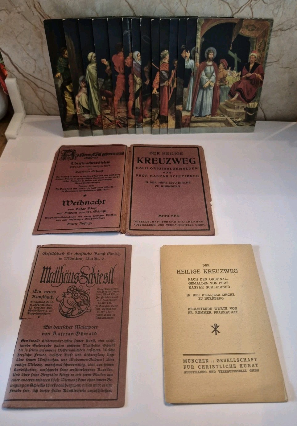 Complete Antique German 14 Postcard Set Kaspar Schleibner Kreuzweg Booklet Box