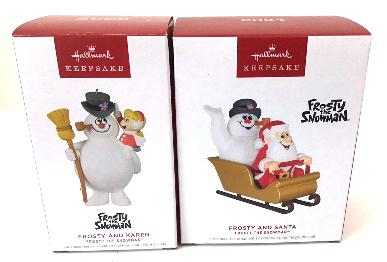 Hallmark Keepsake Frosty the Snowman and Karen &Santa Christmas Ornament Lot NIB