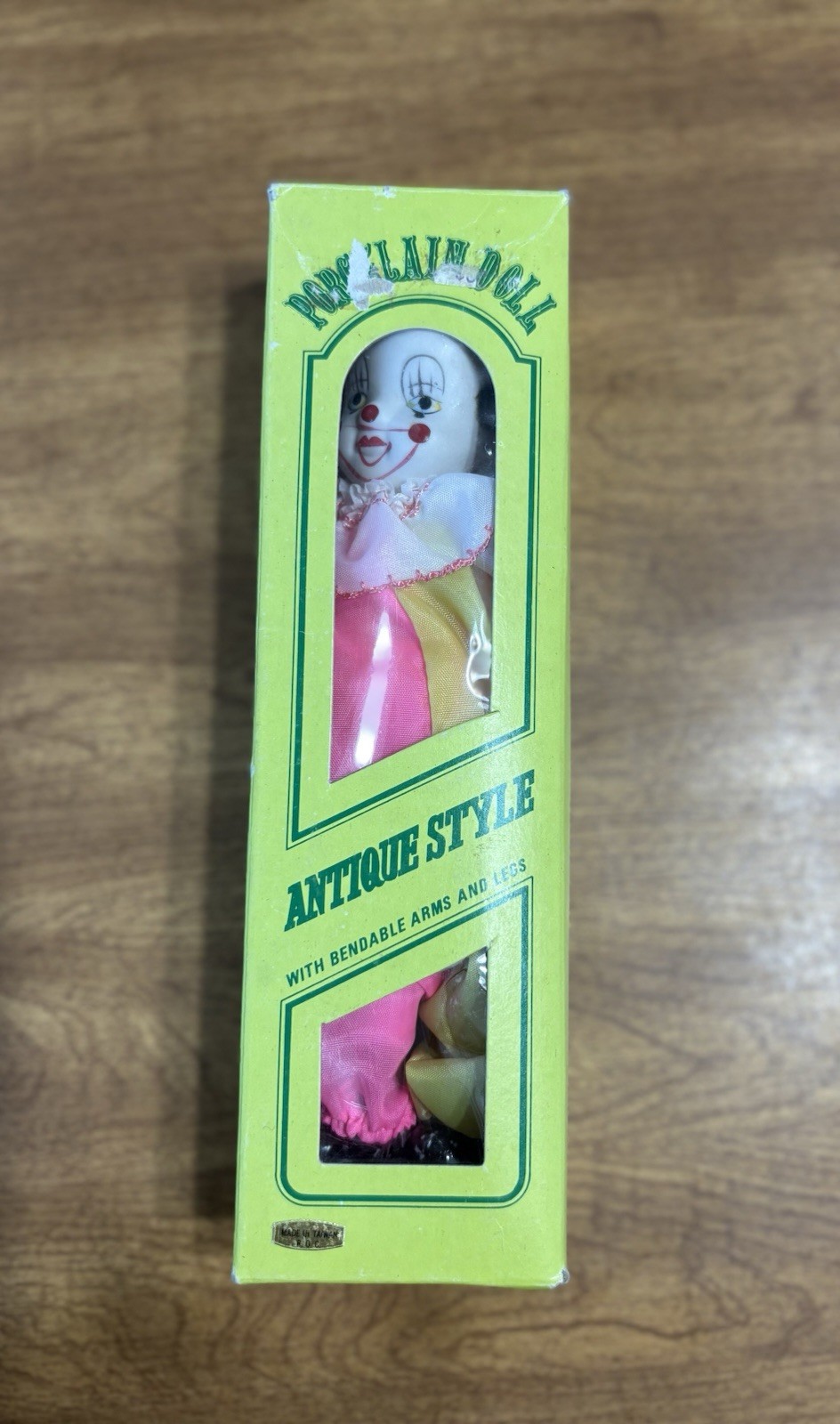 VTG Porcelain Clown Doll Neon Pink Yellow And Lime Green 9in W Box
