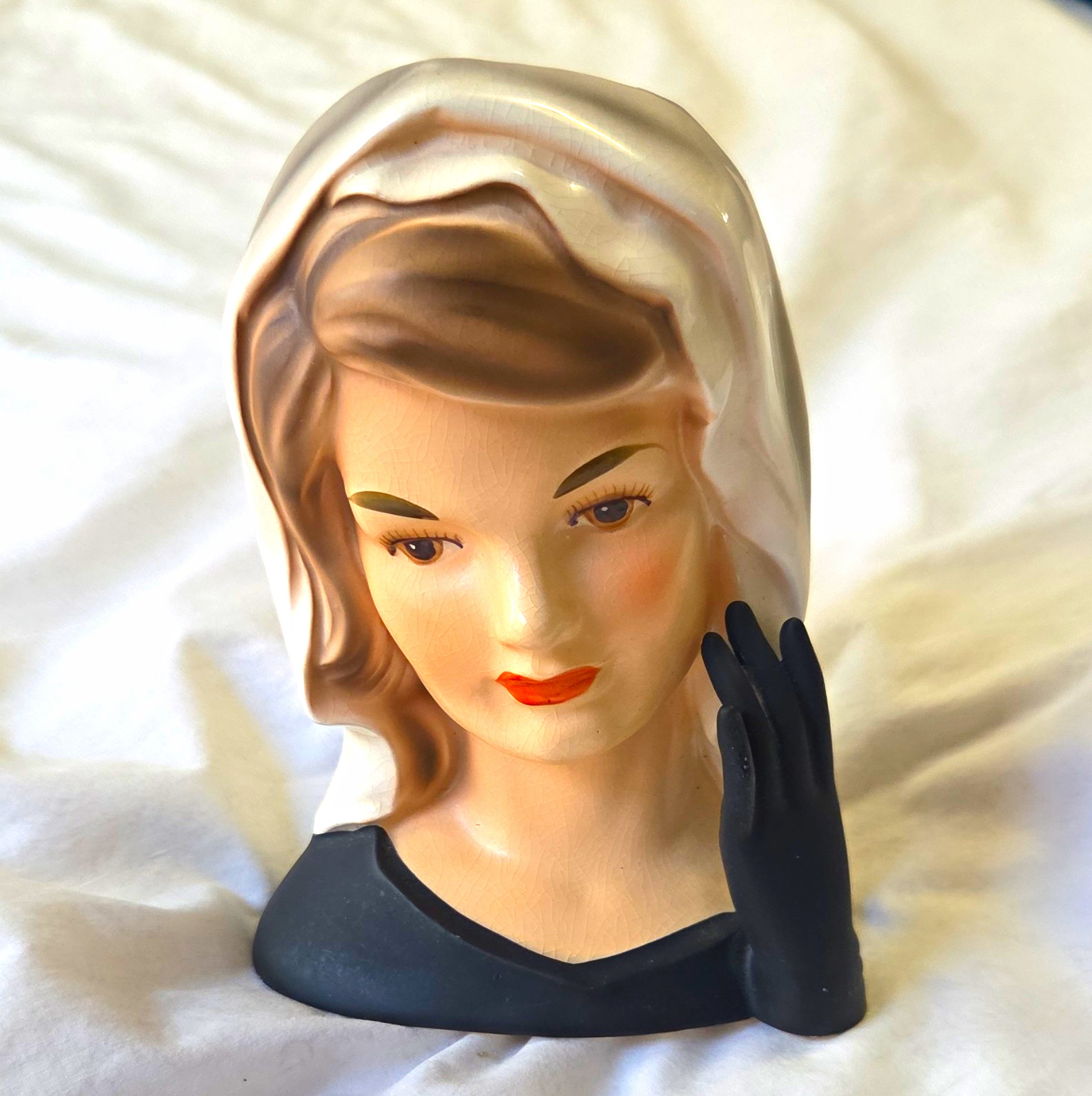 Vintage 1950s Ceramic JAKIE KENNEDY/Planter, White Headscarf, Gloves