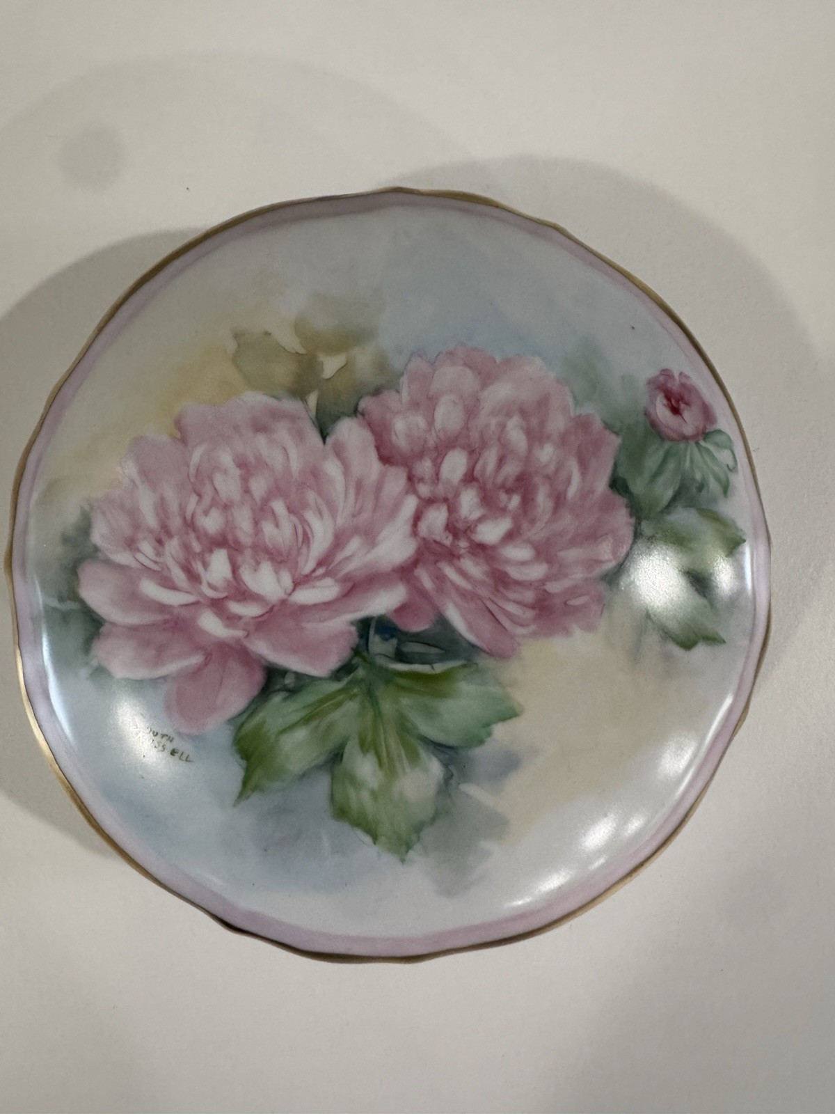 Vintage Hand-Painted Porcelain Trinket Box – Pink Peonies & Gold Trim (Signed)