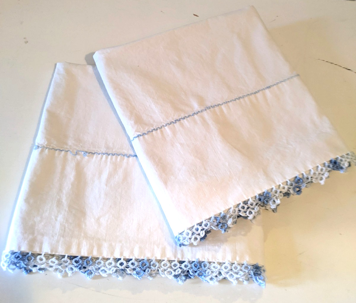 Vintage West Point Pepperell  Cotton Pillowcases w/Yellow Blue Trim 30x20