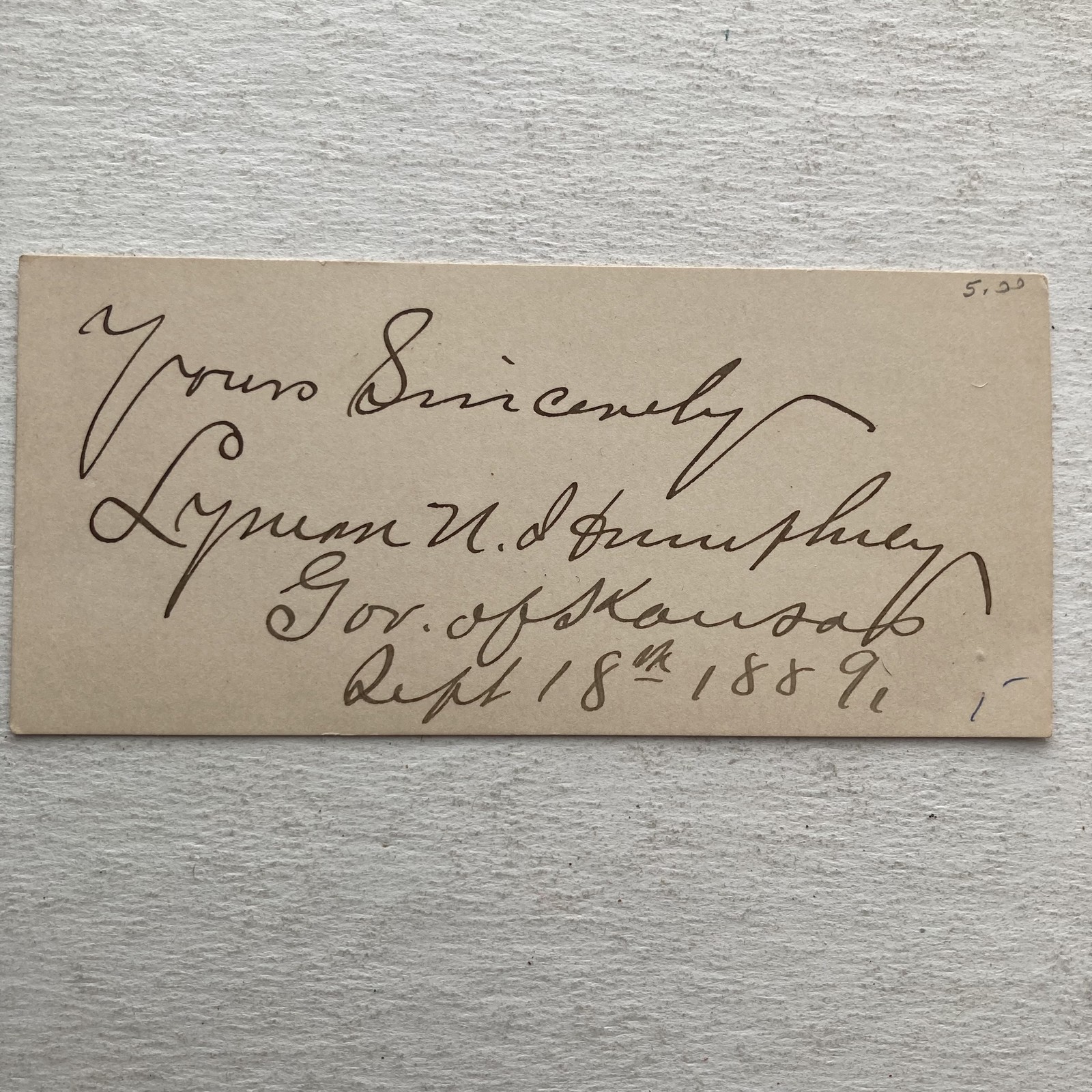 Vintage 1891 Lyman U. Humphrey Gov Of Kansas Signed Autograph Card USA