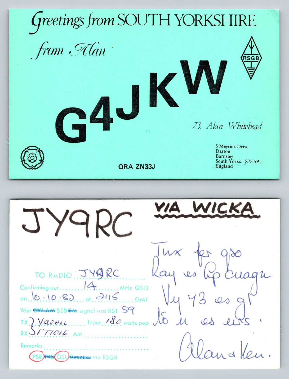Ham Radio QSL QSO Postcard G4JKW, Barnsley, South Yorkshire, England