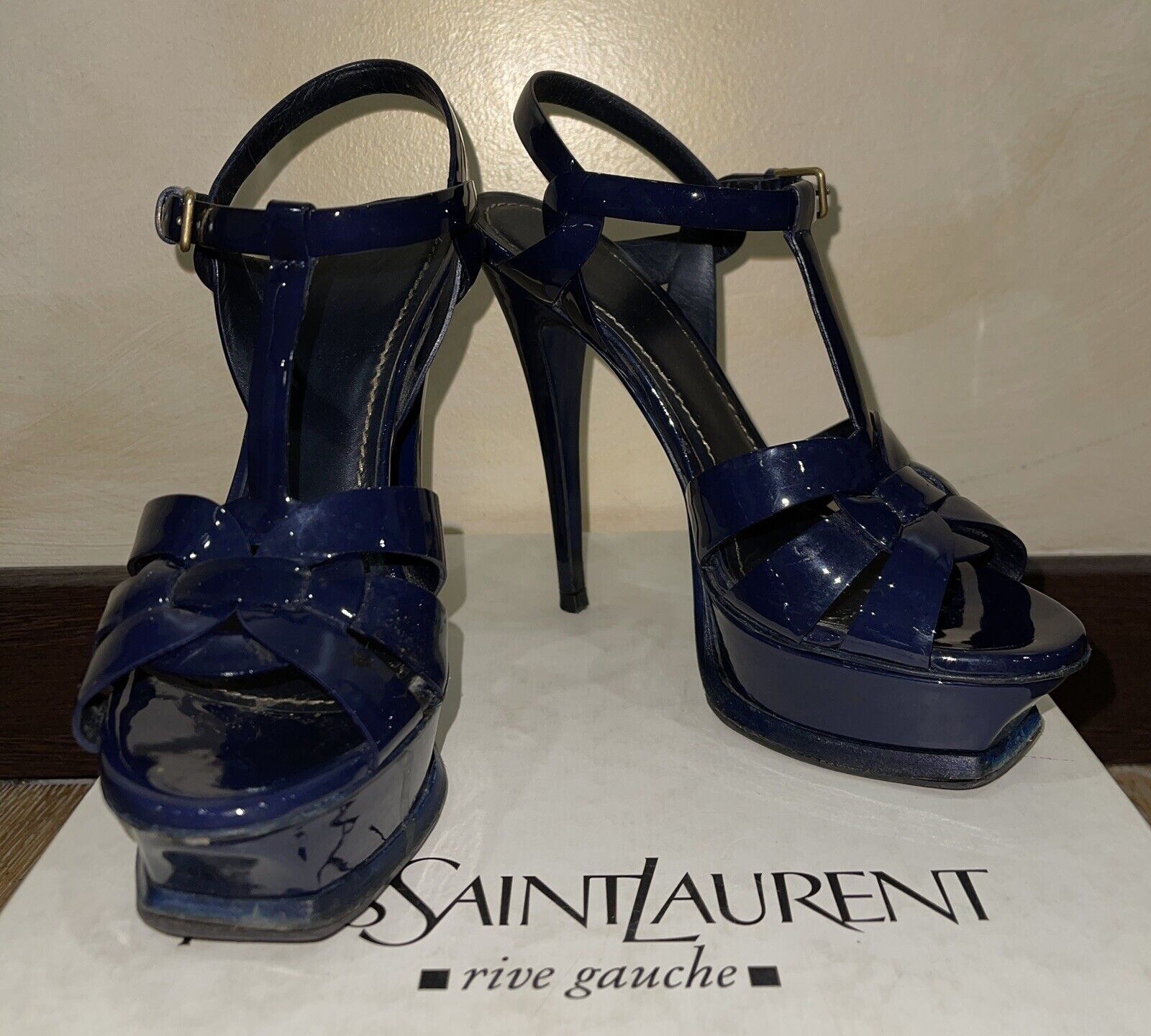 YSL Yves Saint Laurent Tribute women high heel sandals shoes navy 36
