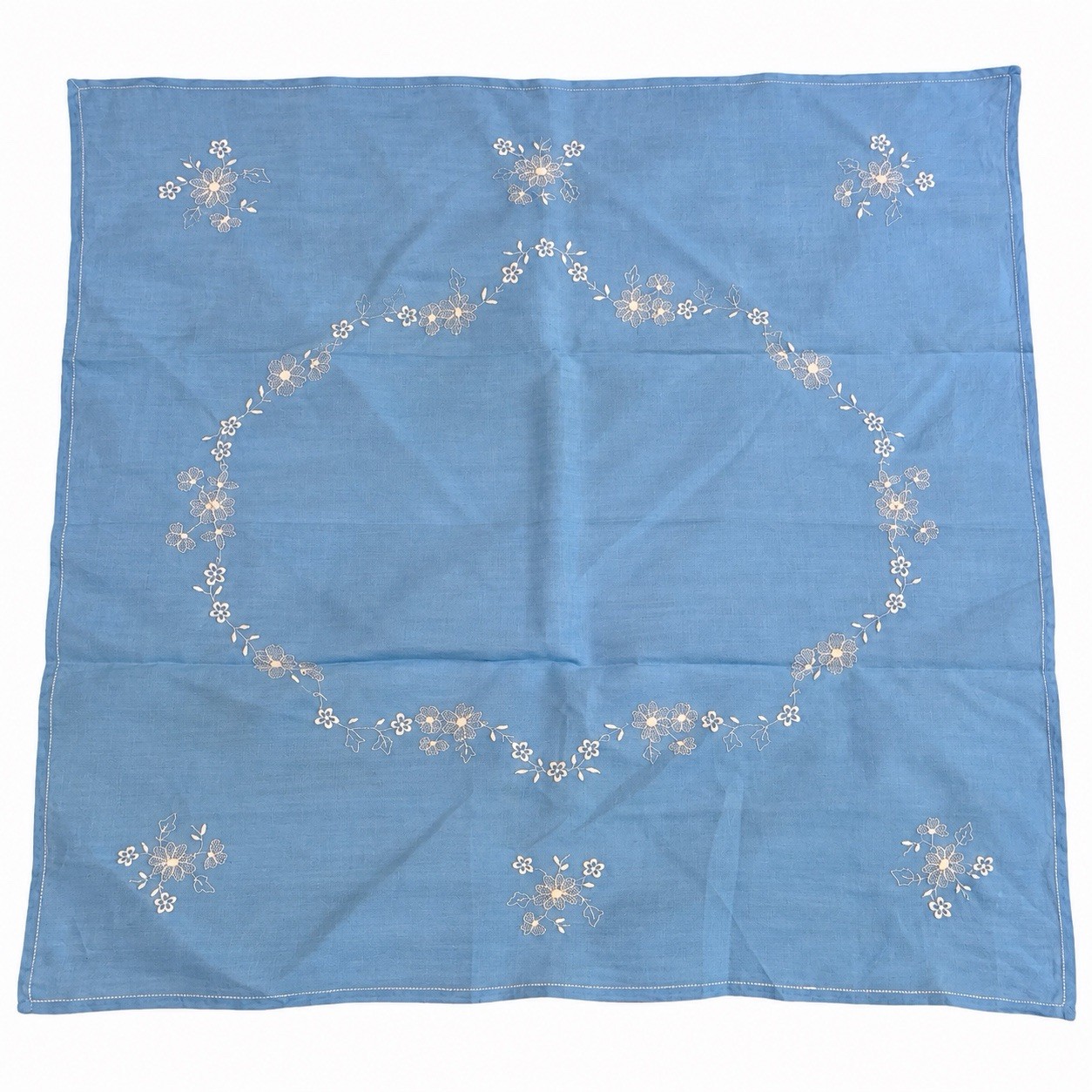Vintage Blue Embroidered Floral Tablecloth & 7 Napkins 8 Piece Set