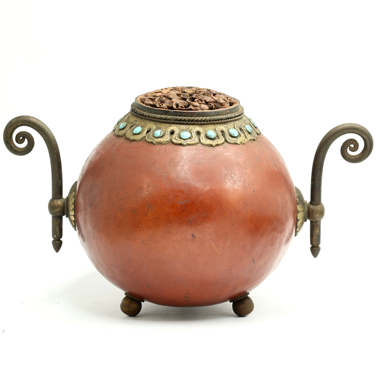 Vintage Old Tibetan Gourd Incense Burner Censer Openwork Carved Feng Shui space