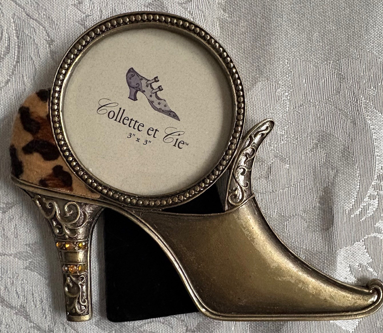 Vintage Collette Et Cie Metal & Orange Garnet Frame 3” x 3” Leopard Shoe Heel