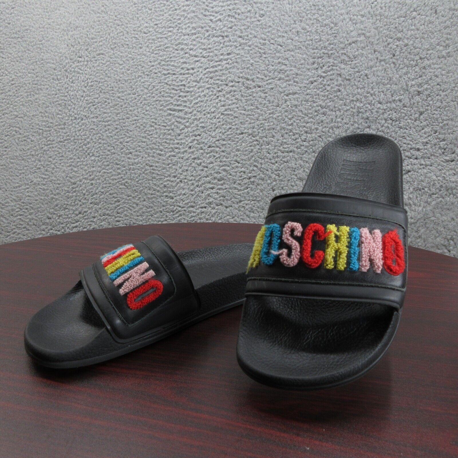 Moschino Teen Slides Sandals 36 Black Colorful Letters Made In Italy