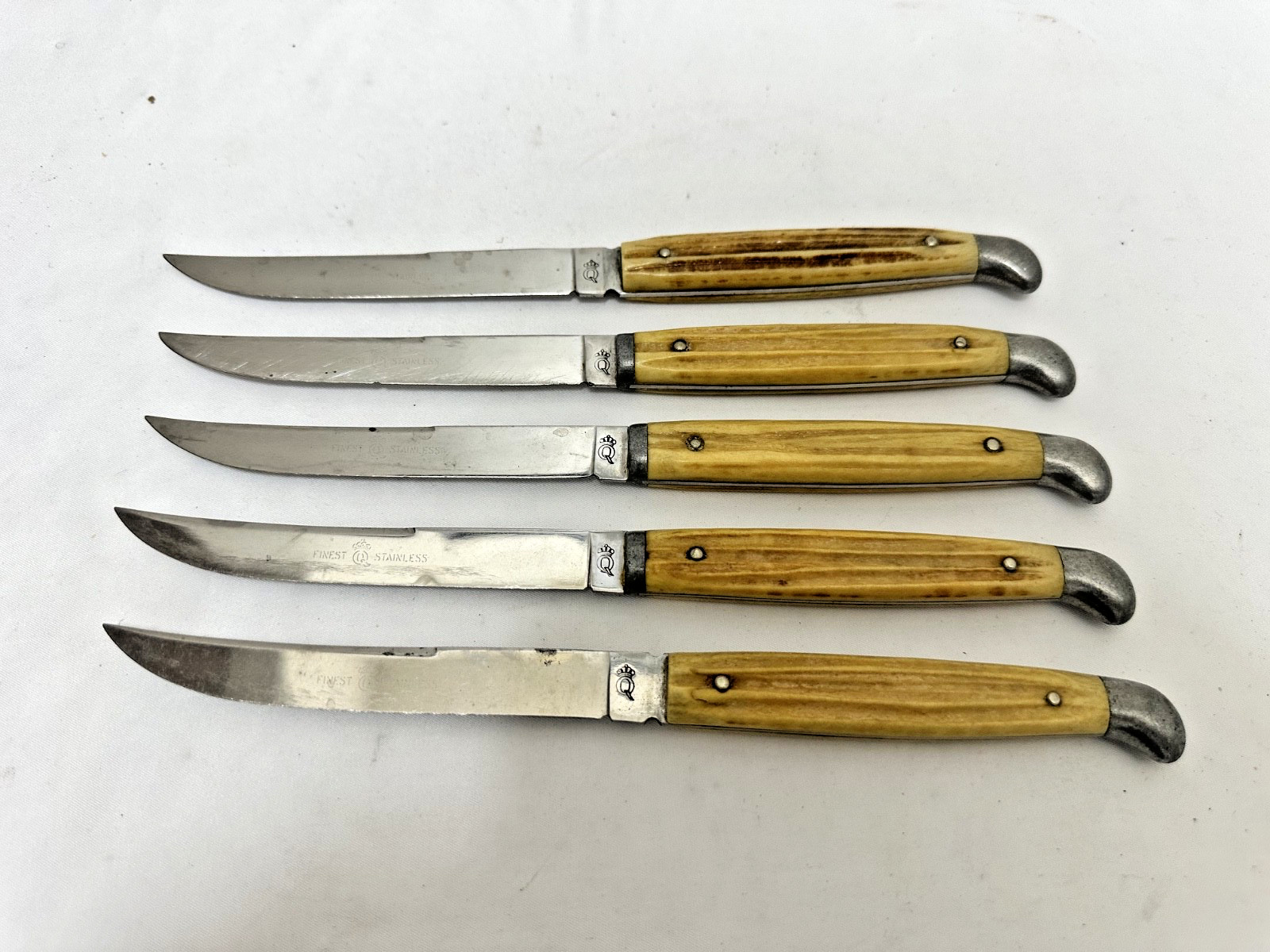 5 Vintage Queen Cutlery Crowned Q  Steak Knife Bone / Stag Handle