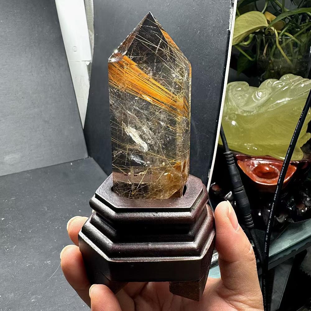 220g Natural golden rutilated quartz Obelisk Crystal Point Reiki Decor+Stand