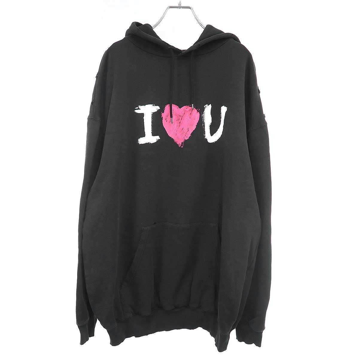 Balenciaga I Love U Hoodie Medium Fit Black Cotton Distressed Pullover (Ages 14+