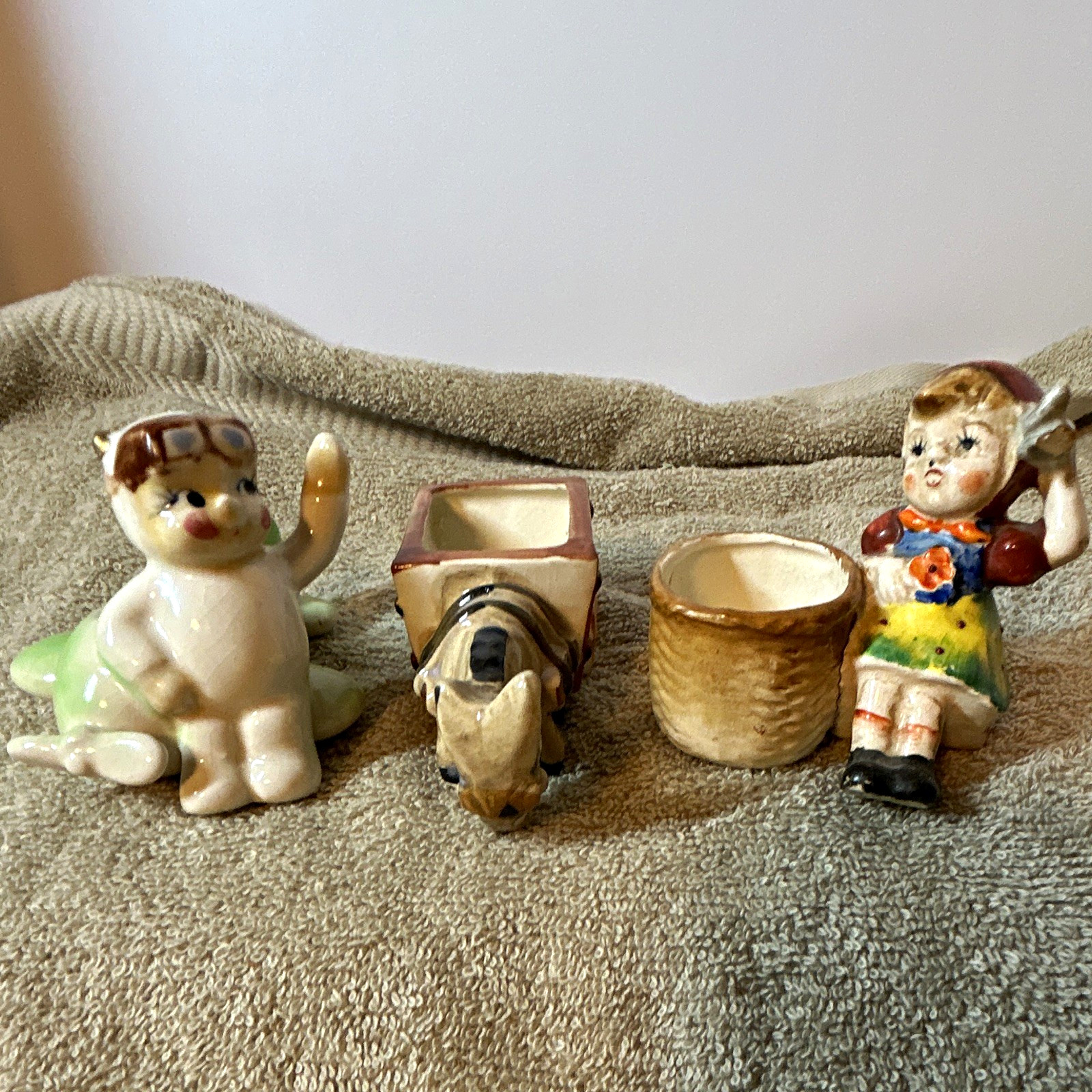 Vintage Occupied Japan Ceramic Figurine Lot Pilot Airplane Girl Basket Donkey T1