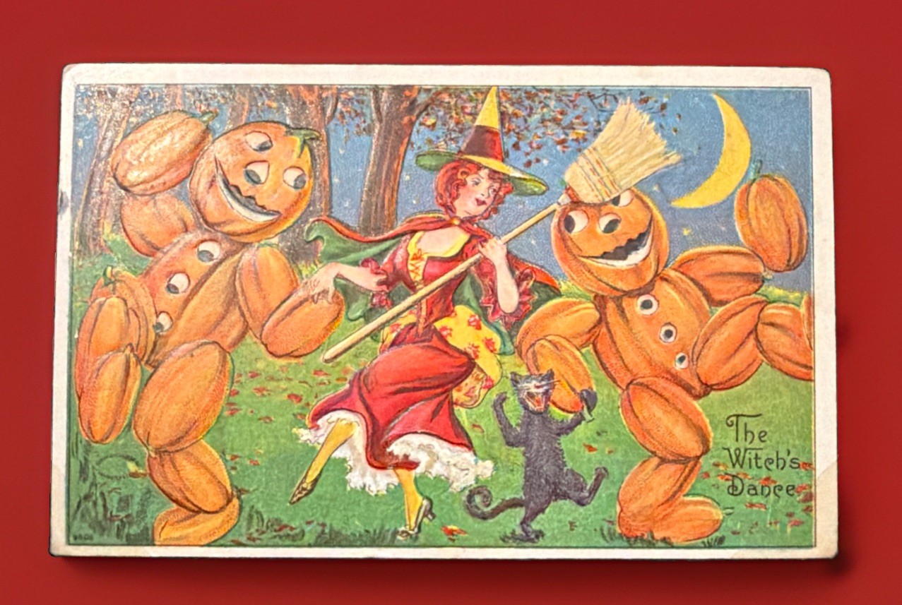 Antique Julius Bien Halloween Postcard Witch Dance Vegetable People Pumpkin JOL