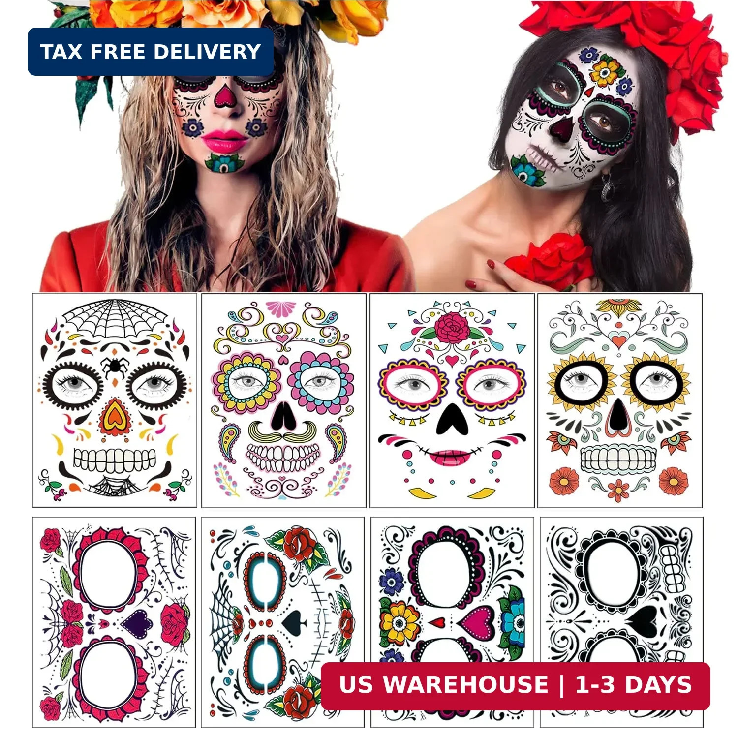 Day of the Dead Face Tattoos - 8 Large Sheets Sugar Skull Rose Temporary Tattoos