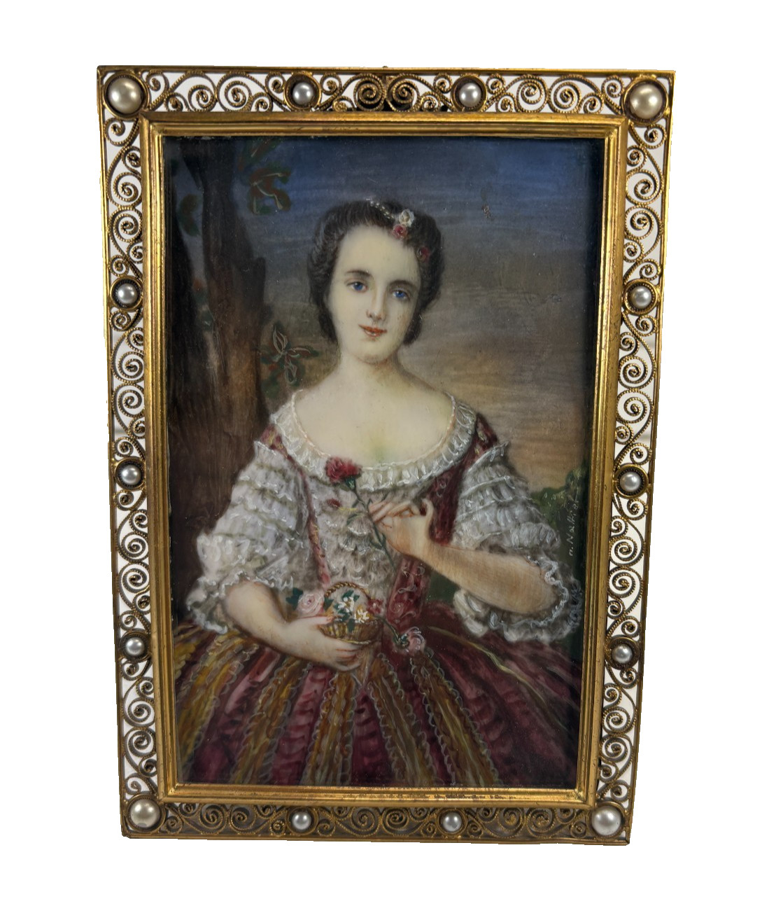 Antique 19thC French Madame Louise de France Portrait Painting Gilt Filigree Fra