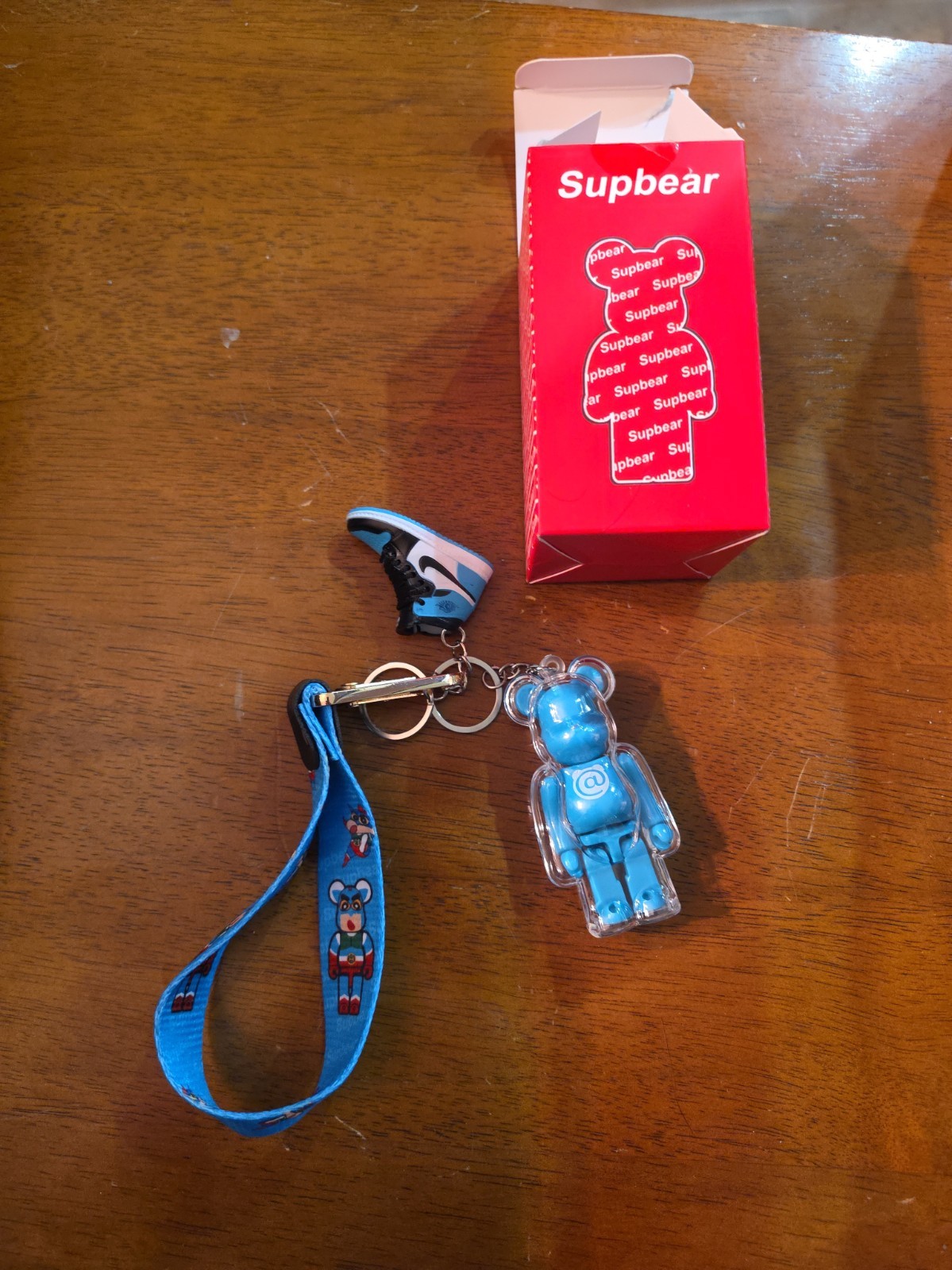 Supbear Bearbrick-Style Bear Figure Keychain w/ Metallic Blue Sneaker Charm