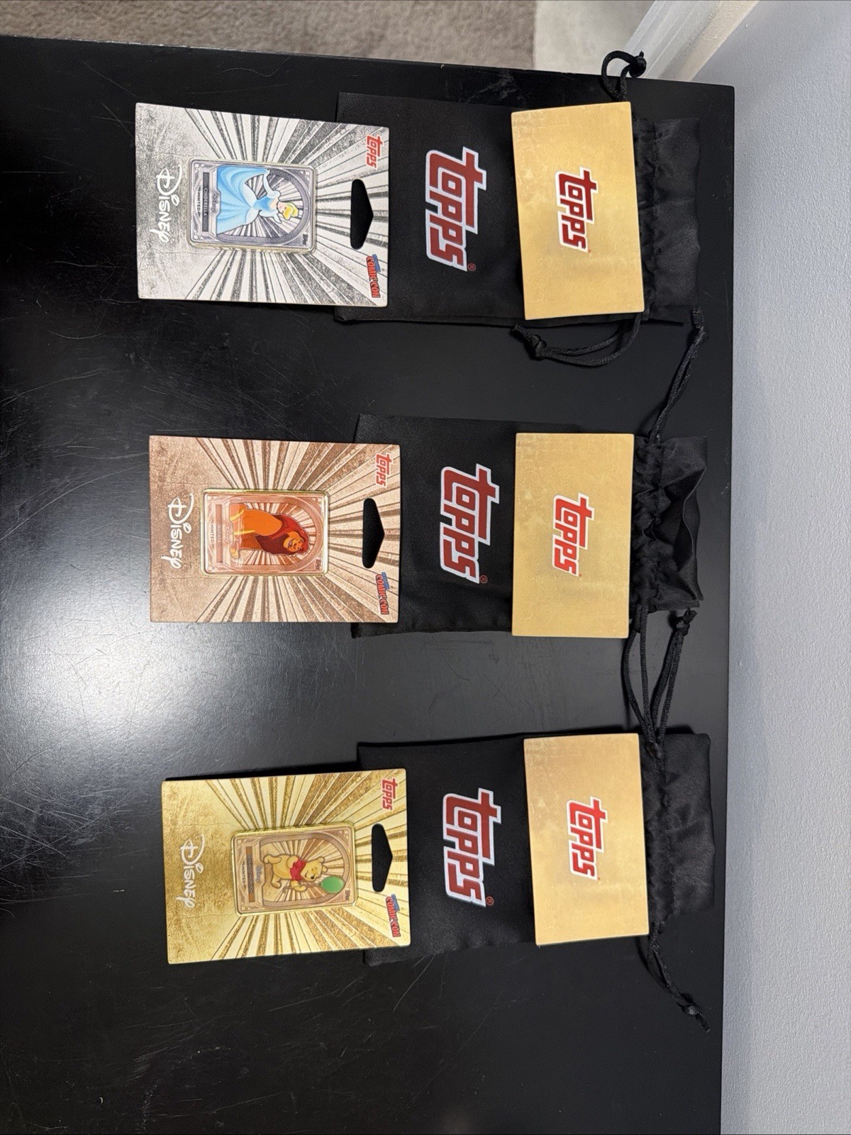 2025 NYCC Topps Chrome Disney Minted Card Pin Set of 3- Mufasa, Pooh, Cinderella