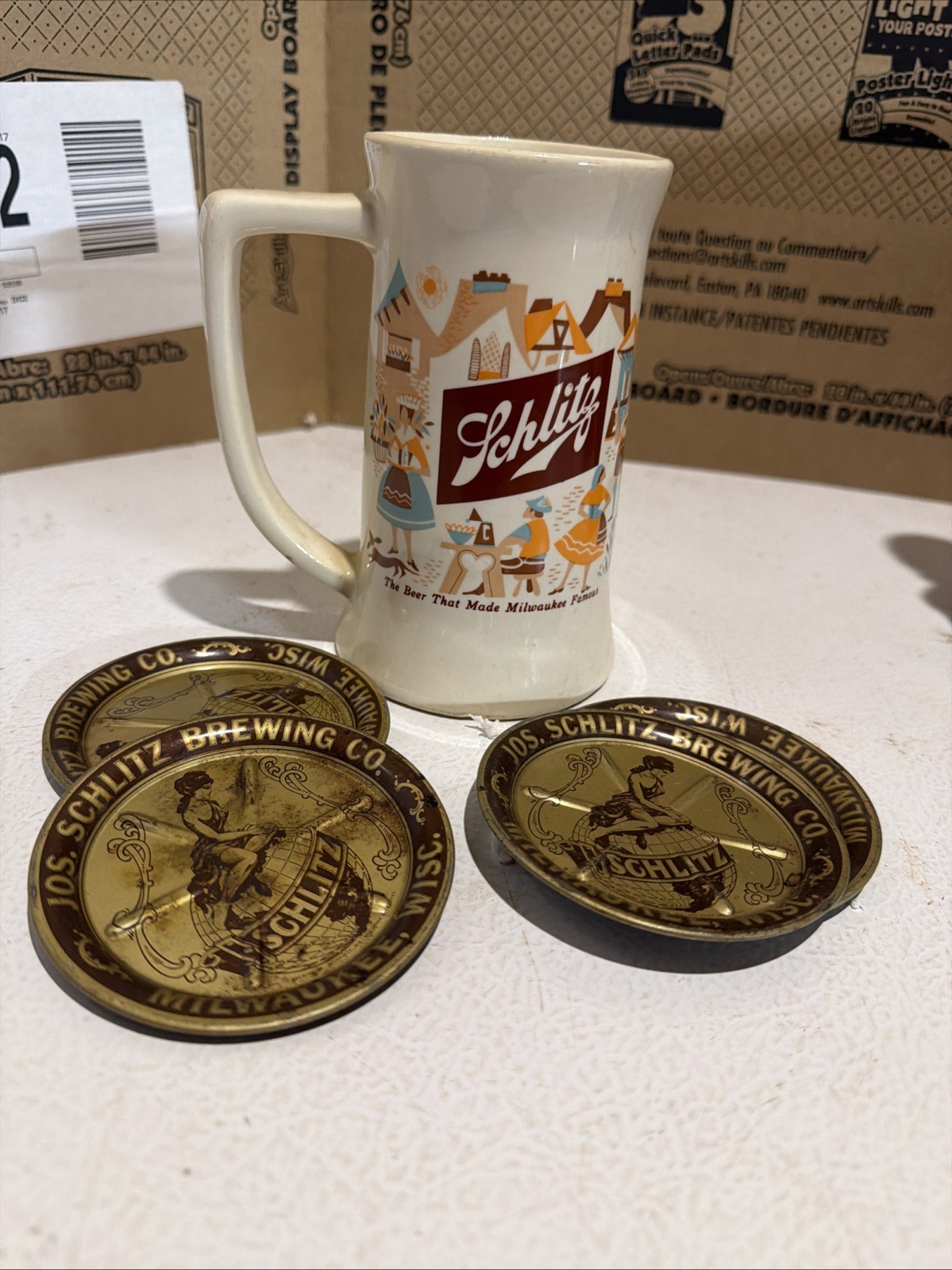 Vintage Schlitz Beer Stein And 4 Metal Beer Tray Coaster