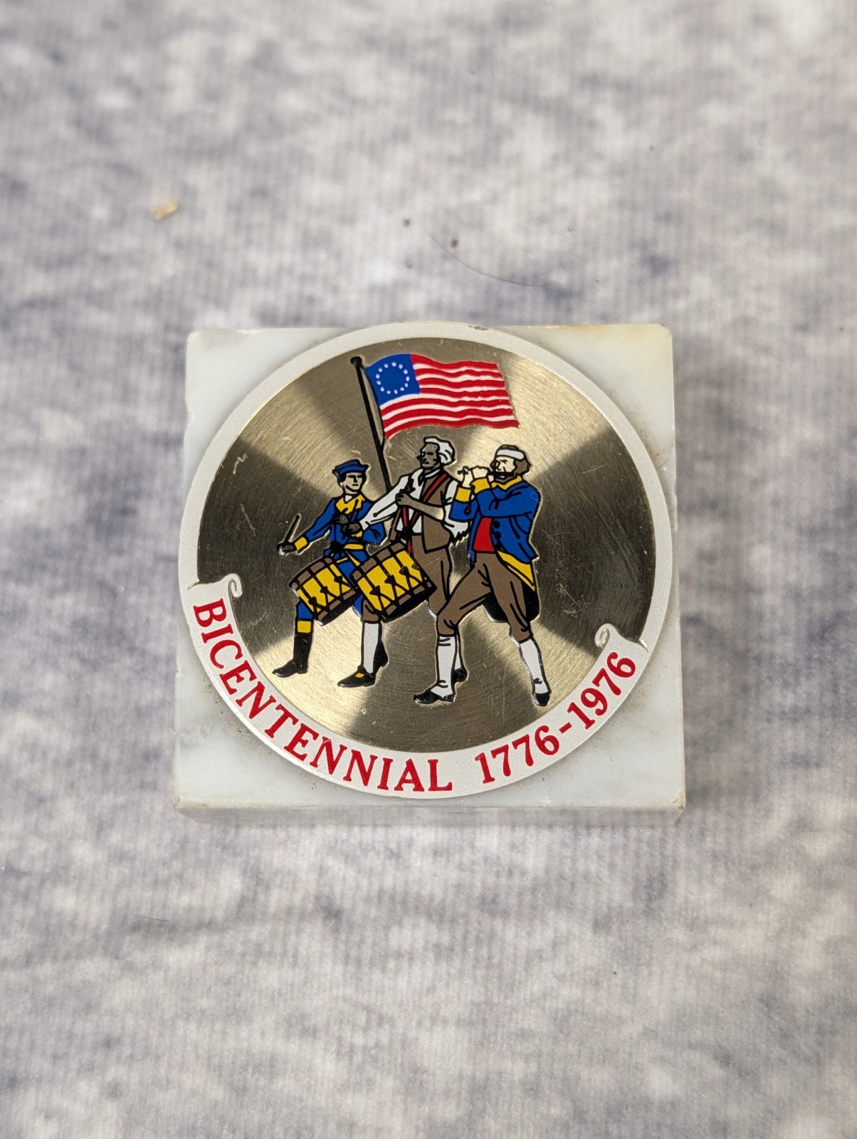 Vintage 1976 Bicentennial Paperweight Spirit of 76 White Marble Desk Decor