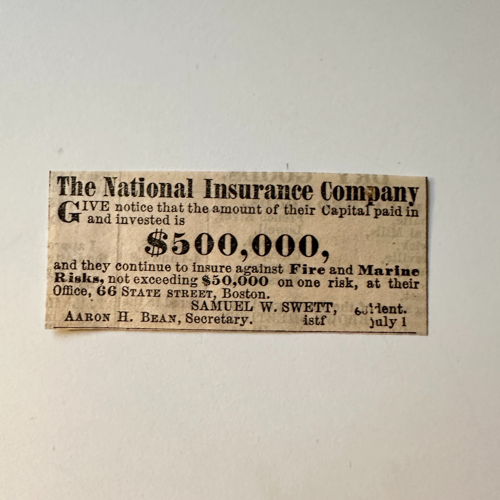 The National Insurance Company Samuel W. Swett 1860 Boston Ad 5AK9-S38