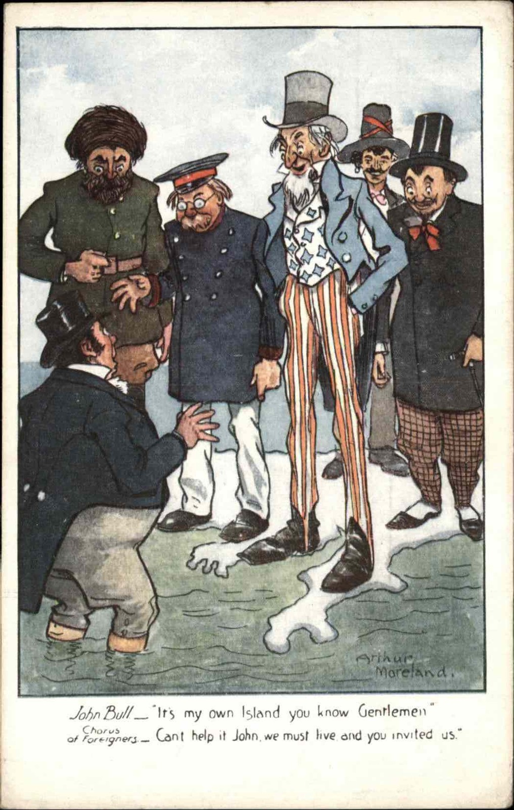A/s Arthur Moreland POLITICAL CARTOON JOHN BULL UNCLE SAM Antique Postcard
