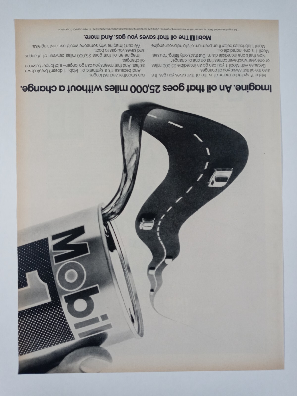 1980s MOBIL Oil Change Gas Can Car Road Plain 25K B&W Vintage Poster Print Ad