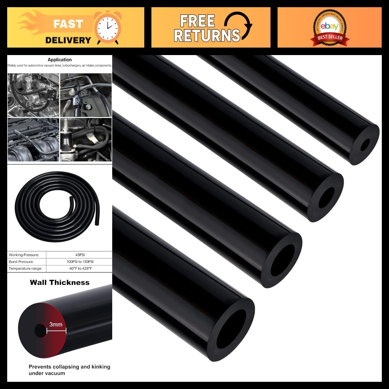 EVIL ENERGY 5/32 1/4 5/16 3/8 Silicone Vacuum Hose Line Kit 10FT, Black