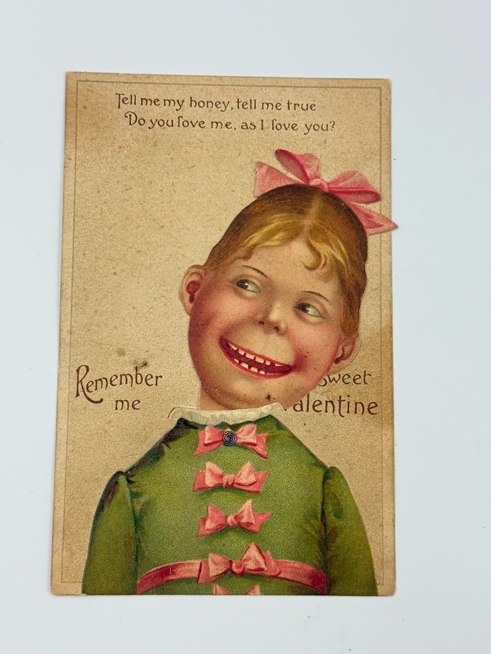Vtg Victorian Mechanical Valentine Card Die Cut Trading Moves Head Postcard I22