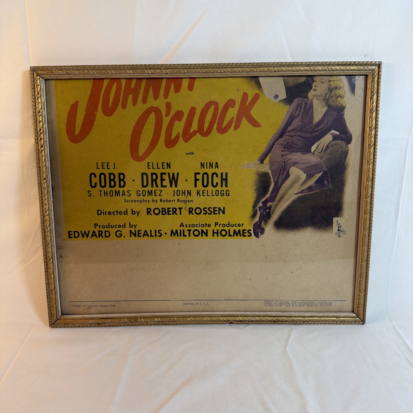 Original 1947 Johnny O’Clock Film Noir Window Card Movie Poster Framed USA