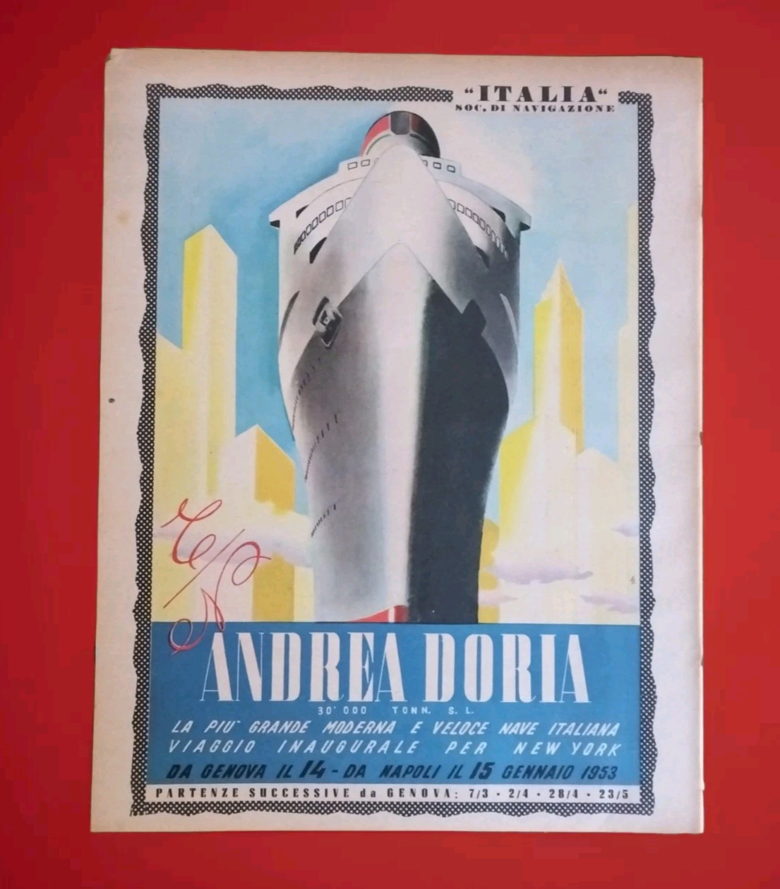 ANDREA DORIA MAIDEN TRIP GENOA NEW YORK=1950s=1953 YEAR=ADVERTISEMENT=