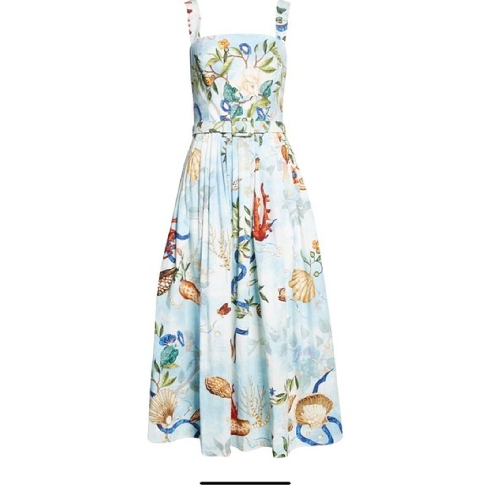 Oscar de la Renta Pietre Dure Seashell Allover Print Belted Midi Couture Dress