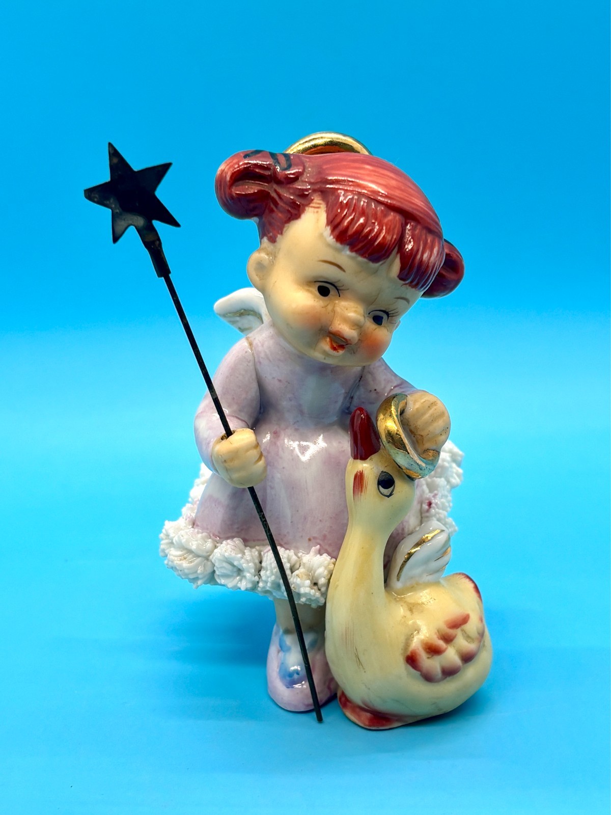 Vtg Ardalt Red Hair Angel Gold Halo Holding Star Staff w/ Duck – EUC