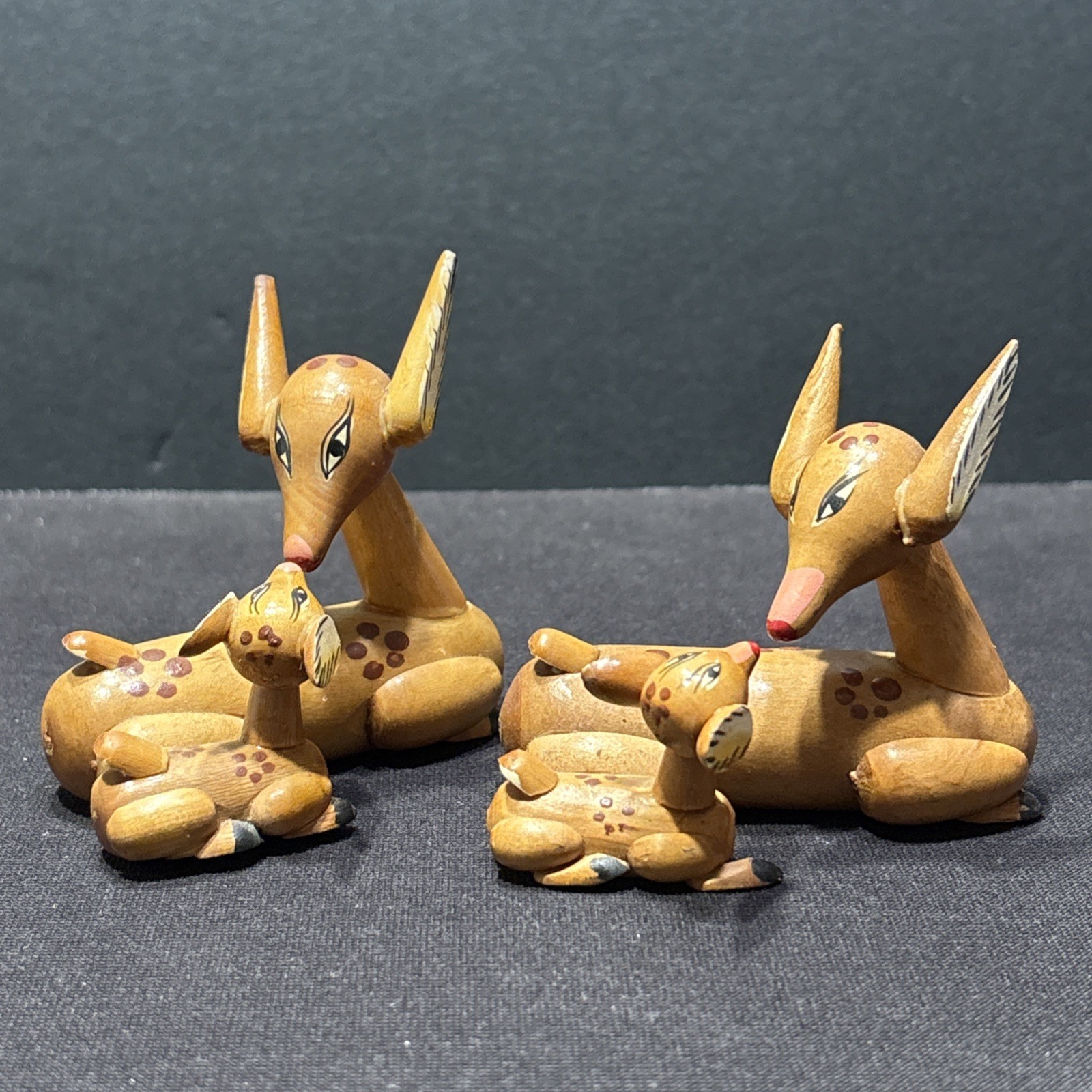 Vintage Handcrafted Wood Laying Doe With Fawn Red Nose Deer Set Of 2  