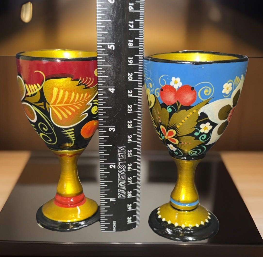 Set 2 Russian Hand Painted Goblets Lipetskie Uzory Khokhloma Folk Art Cups