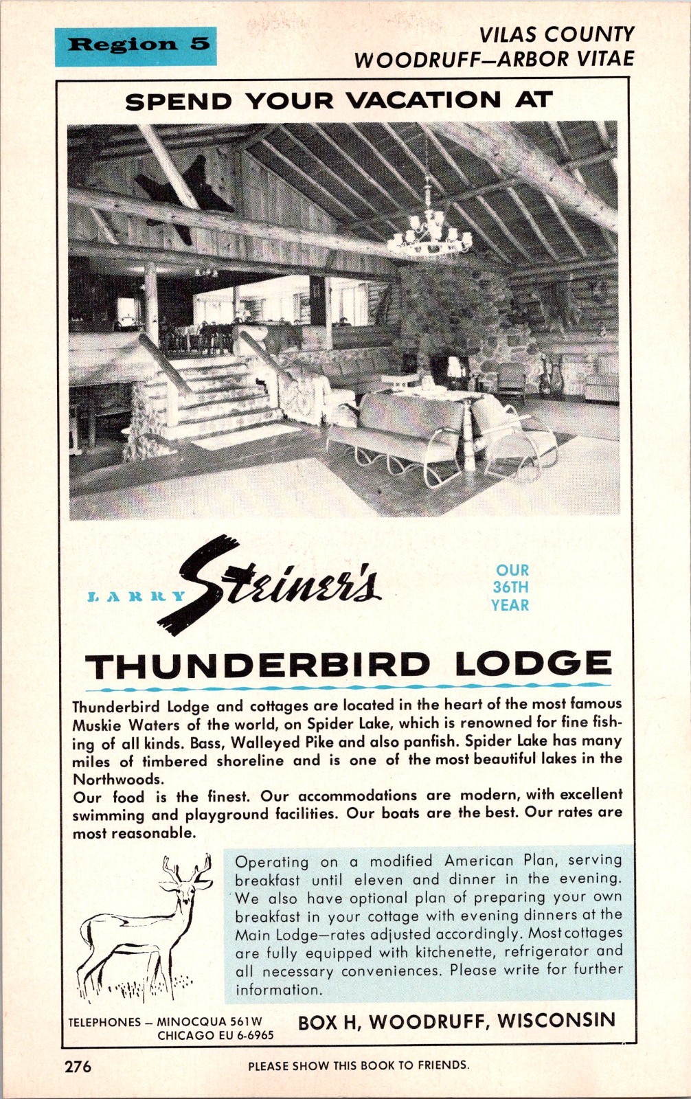 Larry Striner\'s Thunderbird Lodge Our 36th Year Woodruff WI 1963 WI Ad TB4