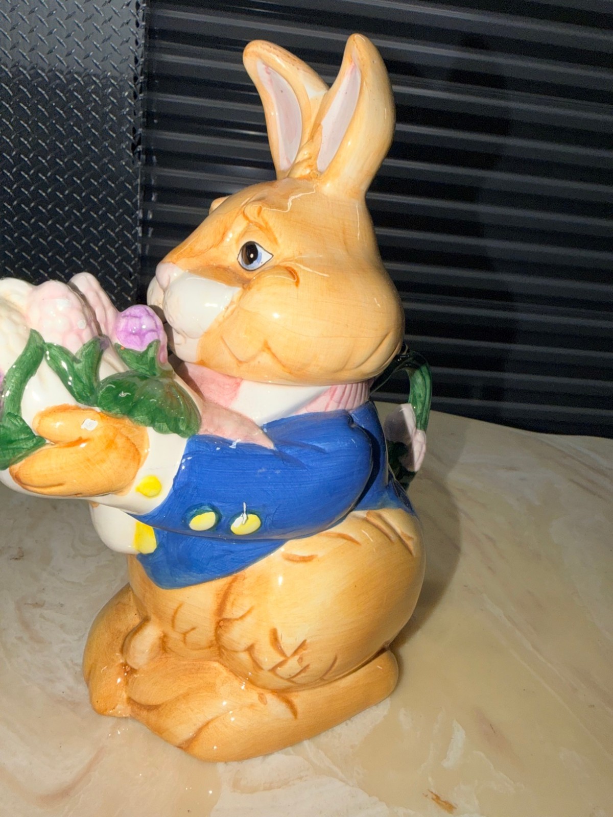 Vintage Ceramic Bunny Rabbit Teapot Blue Jacket Flowers Figural Tea Pot