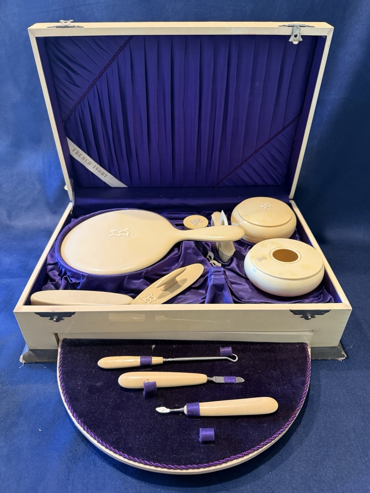 Antique 1920s French Ivory Celluloid Vanity Set Monogram R Original Case 10pc