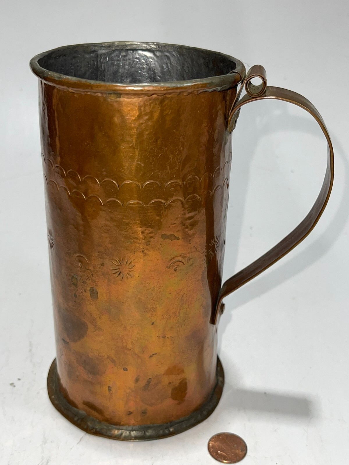 Antique Cylinder Shape Copper Etched Pitcher Jug 6-3/4”
