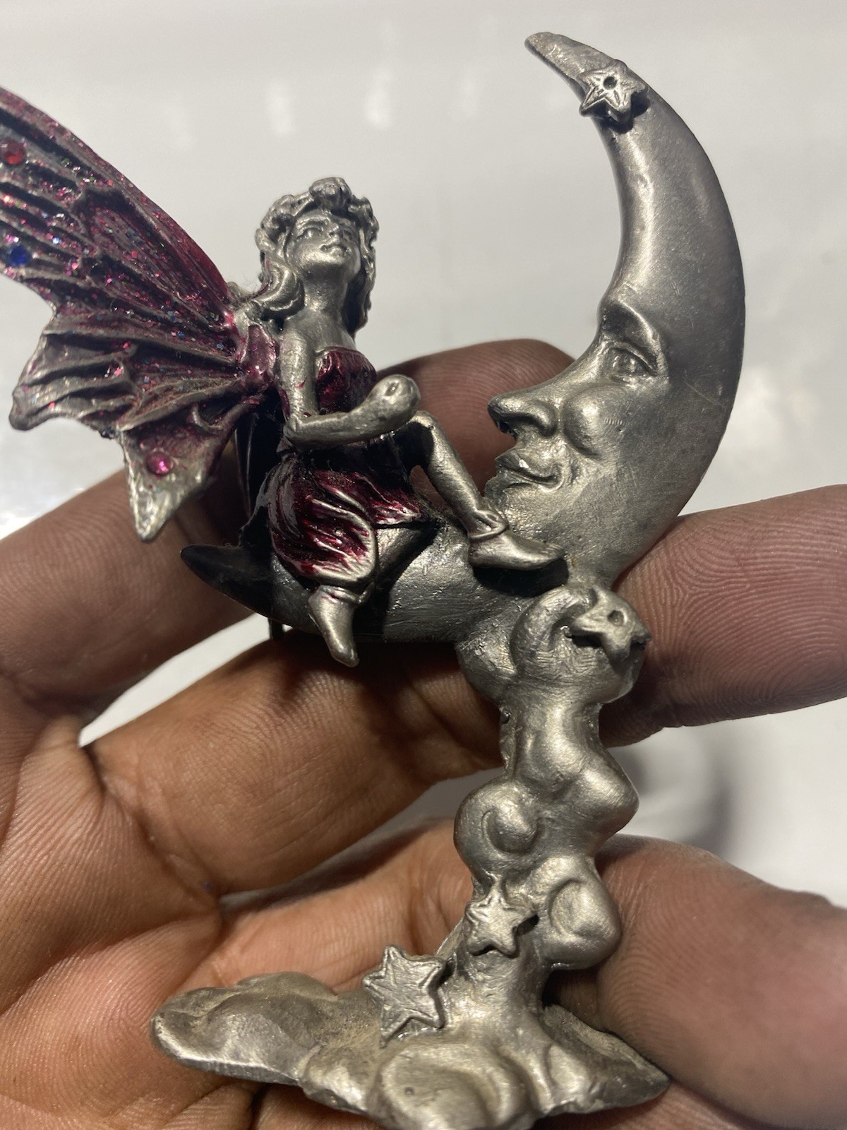 Vintage Pewter Fairy Figurine With Moon